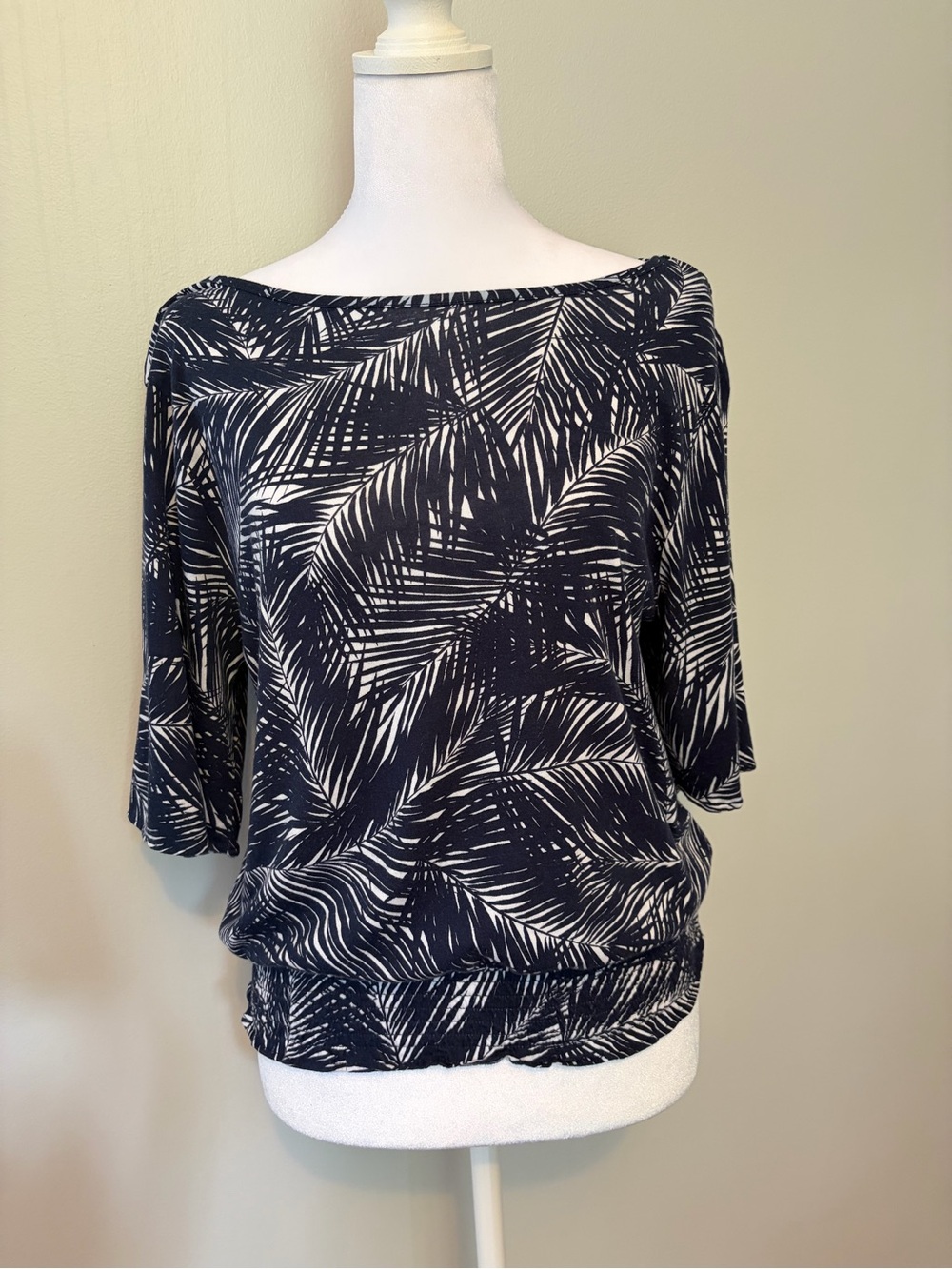 Michael Kors Navy and White Palm-Print Boatneck Top